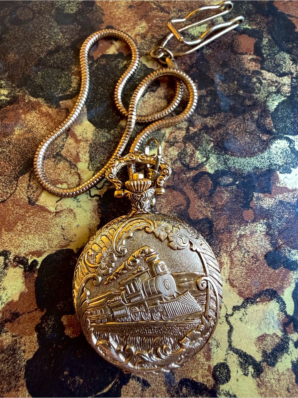 Ornate Gold Pocket Watch Pendant with Train Relief - Decorative Home Accent